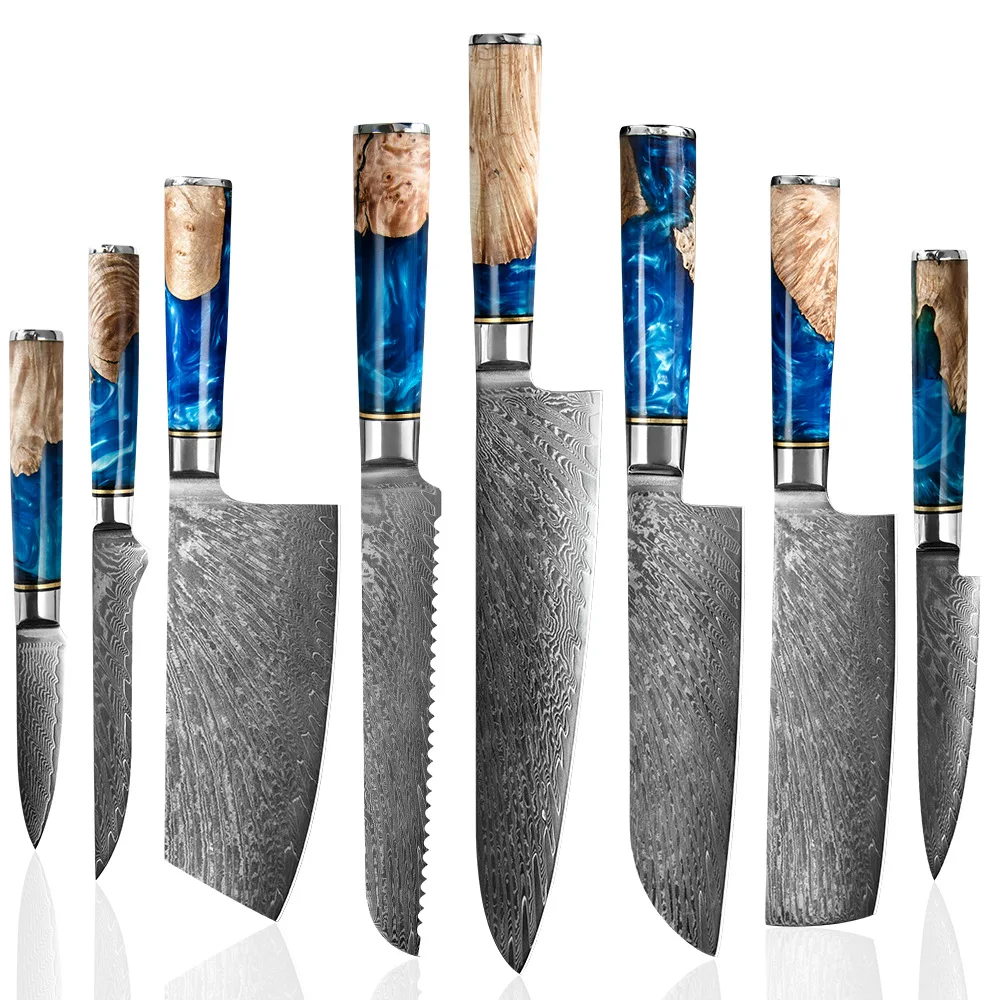 

Damascus Kitchen Knife Set Blue Resin Color Wood Handle Sharp Edge Chef Knife 1-8Pcs Set For Gift Knives Set Cooking Tools