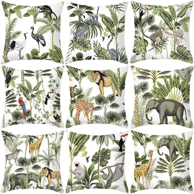 

Summer Home Decorative Pillowcases 45x45 cm Rainforest Botanical Printed Cushion Cover Jungle Animals Pattern Sofa Pillow Cover