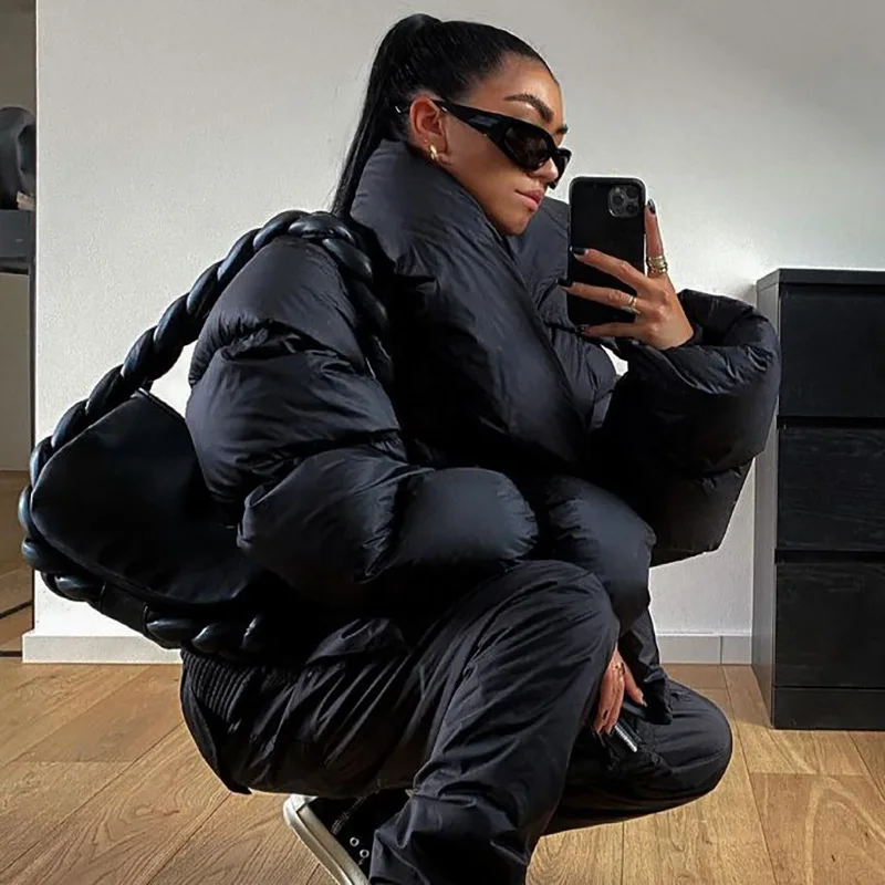 Winter Oversized Black Coats Women Female Fashion Zipper Scarf Collar Puffer Short Jackets High Street Outwear Casual Parka