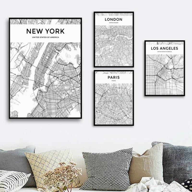 

Black And White Map Nordic Style City Map Print Art Canvas Poster For Living Room Decor Home Wall Picture