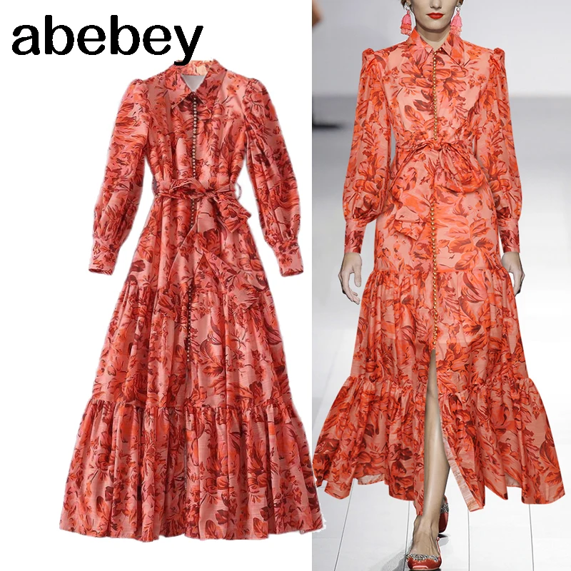 

Runway Design High Quality Floral Print Single Breasted Party Dinner Dresses Women Summer Autumn Long Ruffles Hem Robes