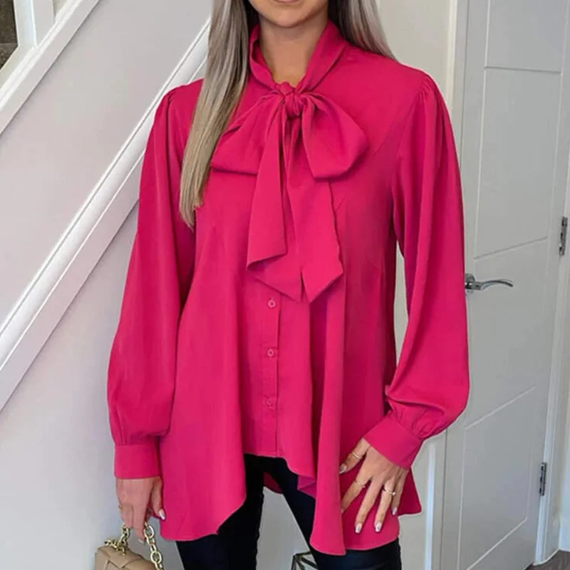 

Винтажный офисный пуловер с принтом Patterm, рубашка, весенние женские повседневные асимметричные топы с длинным рукавом, летние модные блузки с бантом на шнуровке