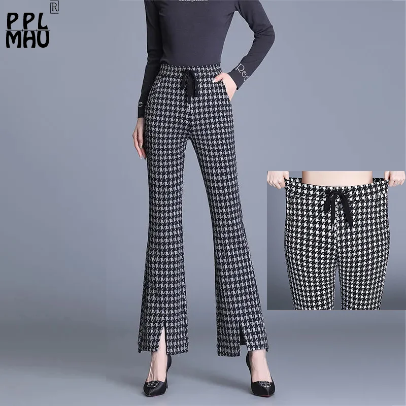 Vintage Split Houndstooth Flare Pants Women Slim Lace Up High Waist Pantalones 90-95cm Ankle Capris Elegant Bell-Bottom Trousers
