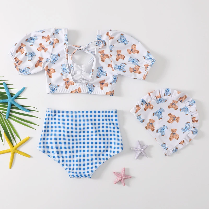 

Детский клетчатый костюм принцессы, Комплект из 3-х предметов для девочек 2-12 лет, летний топ с пышными рукавами и шорты в клетку, 2022