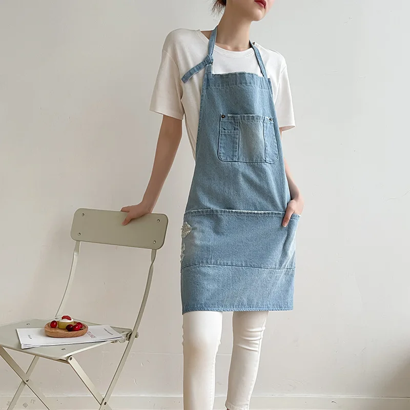 

Korean Style Full Cotton Denim Apron for Women Chef Aprons Cooking and Restaurant Work Wear Home Garden Women's Kitchen Woman