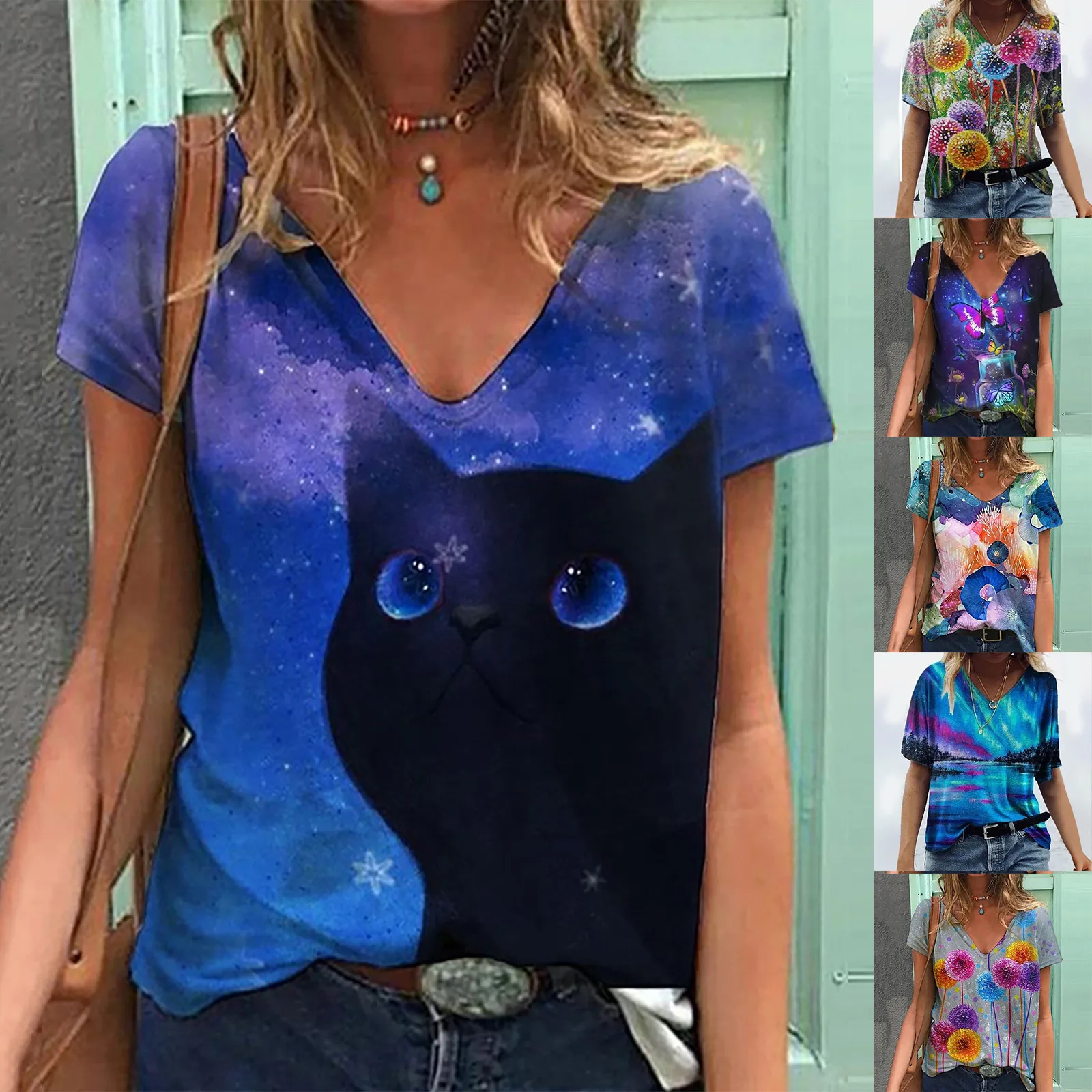 

New Plus Size Women Summer Tops New Ladies Short Sleeve 3D Print T Shirt Loose V-Neck Tops Tee T-Shirt Casual tee shirt femme