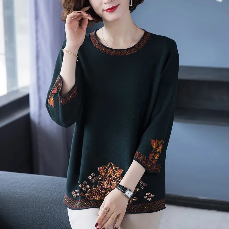 Mom Ice Silk Knit с рукавами 3/4 свободный топ закрывающий живот ранняя осень одежда для