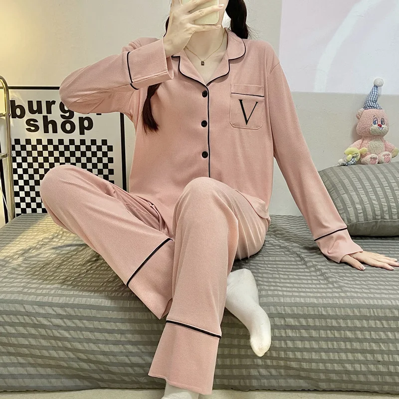 Pajamas Women Spring and Autumn Style 2023 New Long-sleeved Cotton Waffle Large Size Cute Home Set Suit with Turn-over Collar
