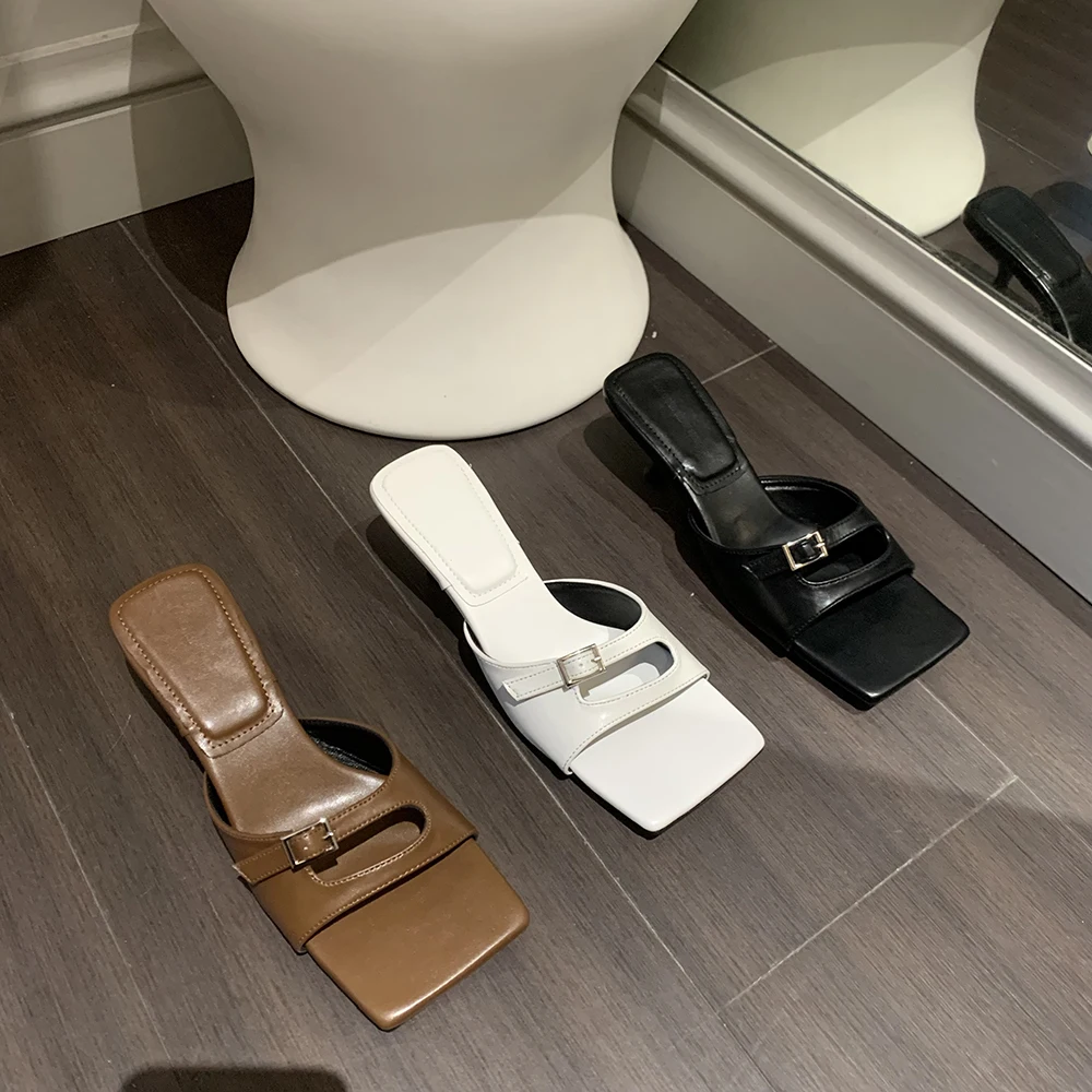 

Open Toe Women Slippers Summer Outside Slides Mules Shoes Thin High Heels Party Pumps Ladies Party Pumps Black Brown White 35-39