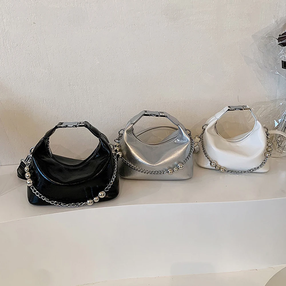 Fashion Chains Tote Bag Metallic Silver Women Handbags Luxury Crossbody Bags for Women 2023 Soft Leather Shoulder Bag Clutch New