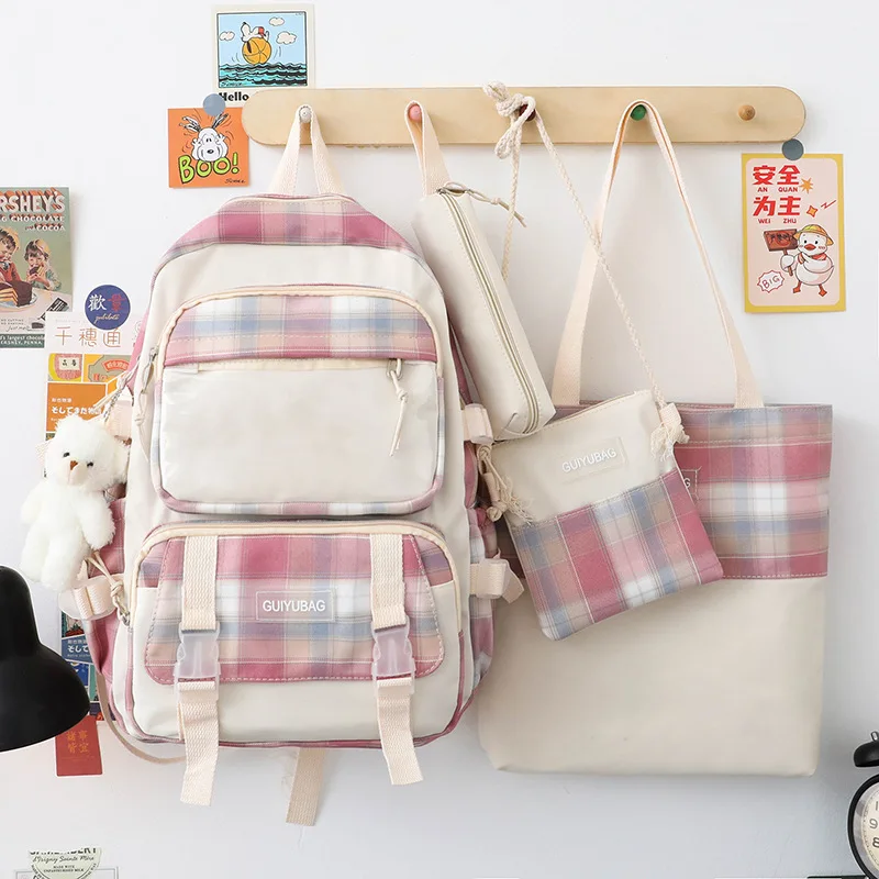 Kawaii Girls Backpack Four-piece Set Junior High School Messenger Bags Student School Bag Cute Plaid Pink Backpack For Teenager
