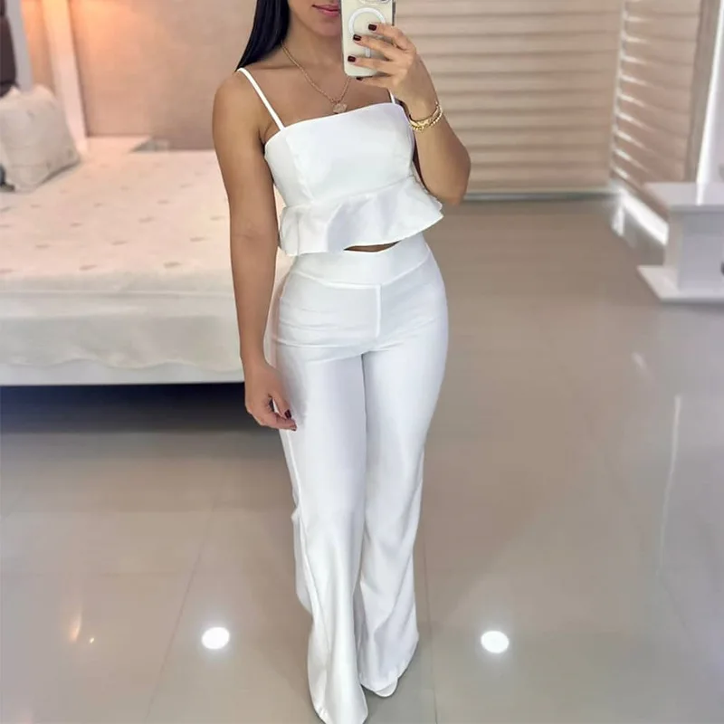 Women’s 2023 New Tube Top Sling Ruffled Hem High Waist Straight Trousers Fashion Casual Suit