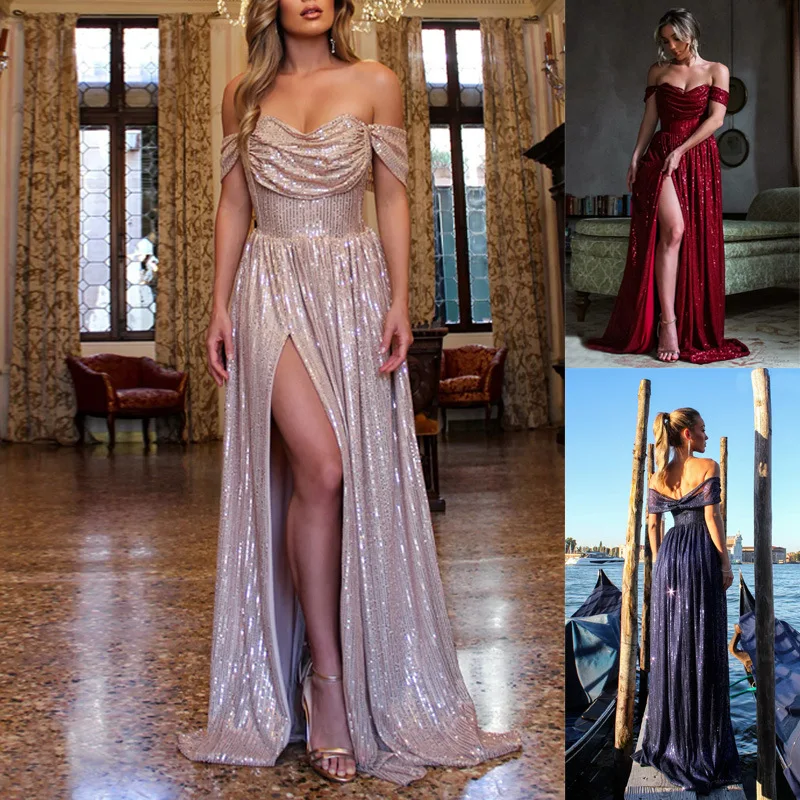 Women Sexy Sequins Off-Shoulder Prom Dress Sleeveless Backless Evening Party Dress Fashion High Split Cocktail Formal Gowns