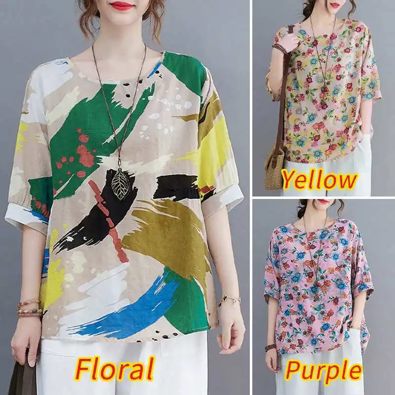 

Fashion Women Printed Shirts 2022 Summer Casual Tops Short Sleeve O Neck Loose Corset Plus Size Shirts Blusa Mujer