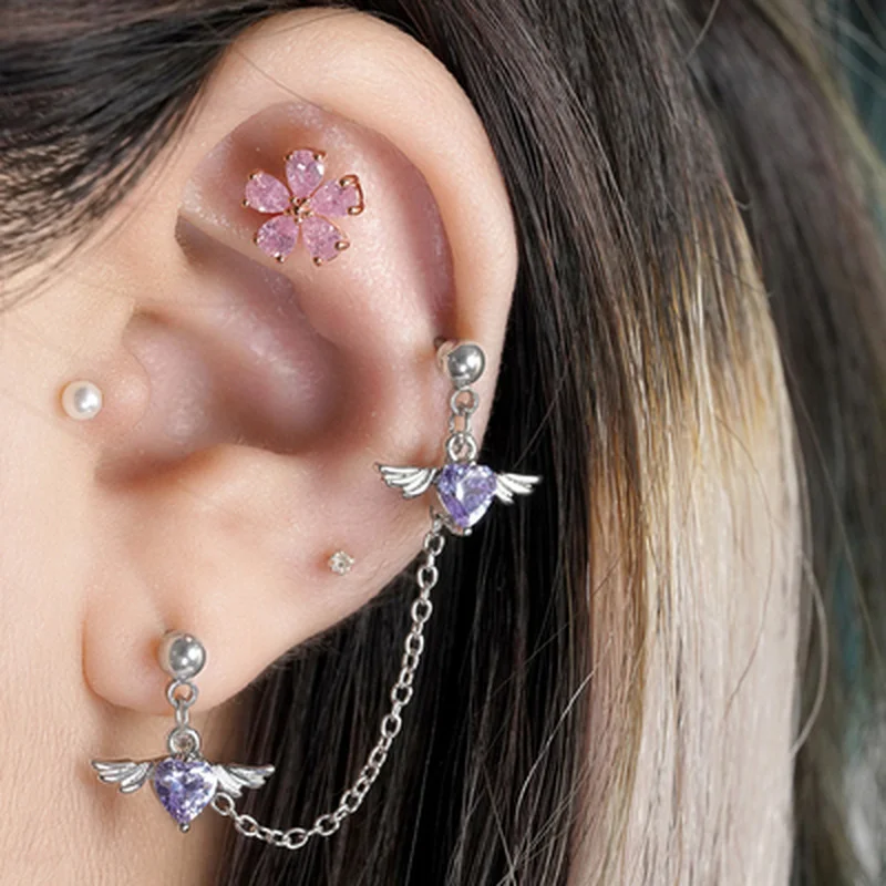 

1.2mm Angel Wings Heart Double Lobe Helix Piercing Earring Chain Cartilage Earring Studs Dangle Y2K Egirl Fashion Body Jewelry