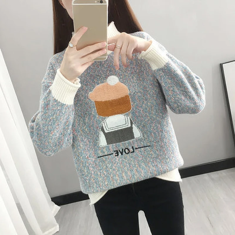 

Cute Sweater Cartoon Pattern Kawaii Girl Pullover Long Sleeve Stitching Color Warm Sweater Korean Fashion Y2k Autumn Winter Tops