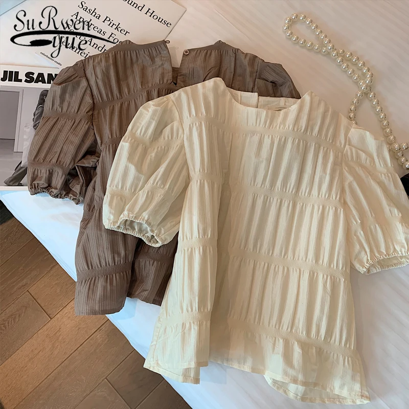 

Новая модная блузка женская простая Женская одежда в Корейском стиле элегантные топы с коротким рукавом летние винтажные женские блузки ...