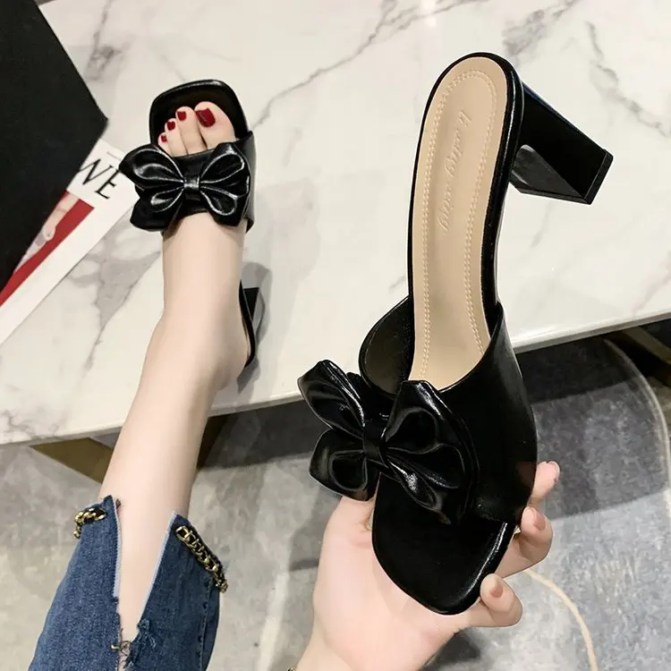 

Fashion Bow Knot Women's Slippers Square Head Slippers Summer Beach Square Heel 35-40 Slippers High Heel Thick Heel Solid Color