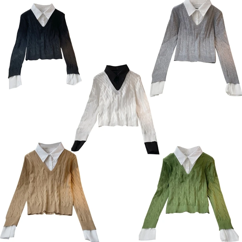 

Women's Collared Contrast Long Sleeve Cable Knitted Sweater T Shirt Blouse Fashion Casual Patchwork 2 in 1 Pullover Top