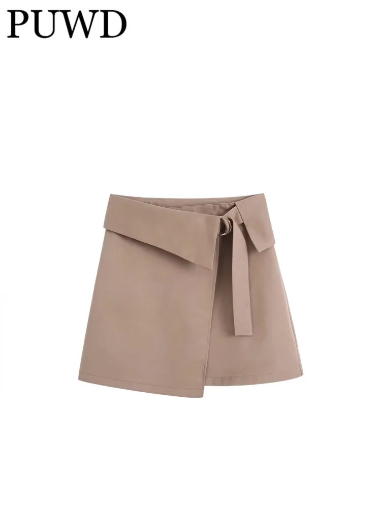 

PUWD Women High Waist Bow Lace Solid Color Skirt 2022 Spring Fashion Ladies Office Lady Vintage Skirt Female Coffee Mini Skirt