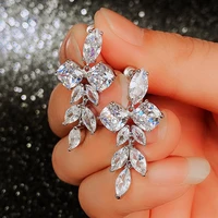 2022 fashion crystal zirconia long drop earrings for women leaf shape ear accessories creative shiny cz bridal wedding jewelry