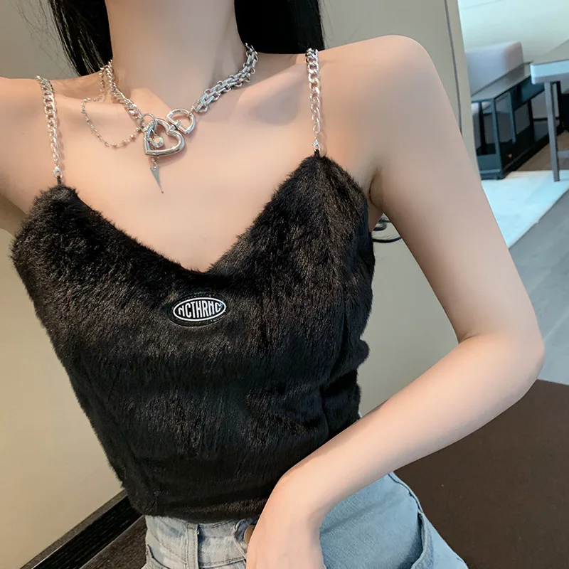 

2021 Women Fall Summer Ins Vintage Sexy V-neck Plush Vest Female Handsome Spaghetti Strap Small Camis Female Sleevess Blue Tops
