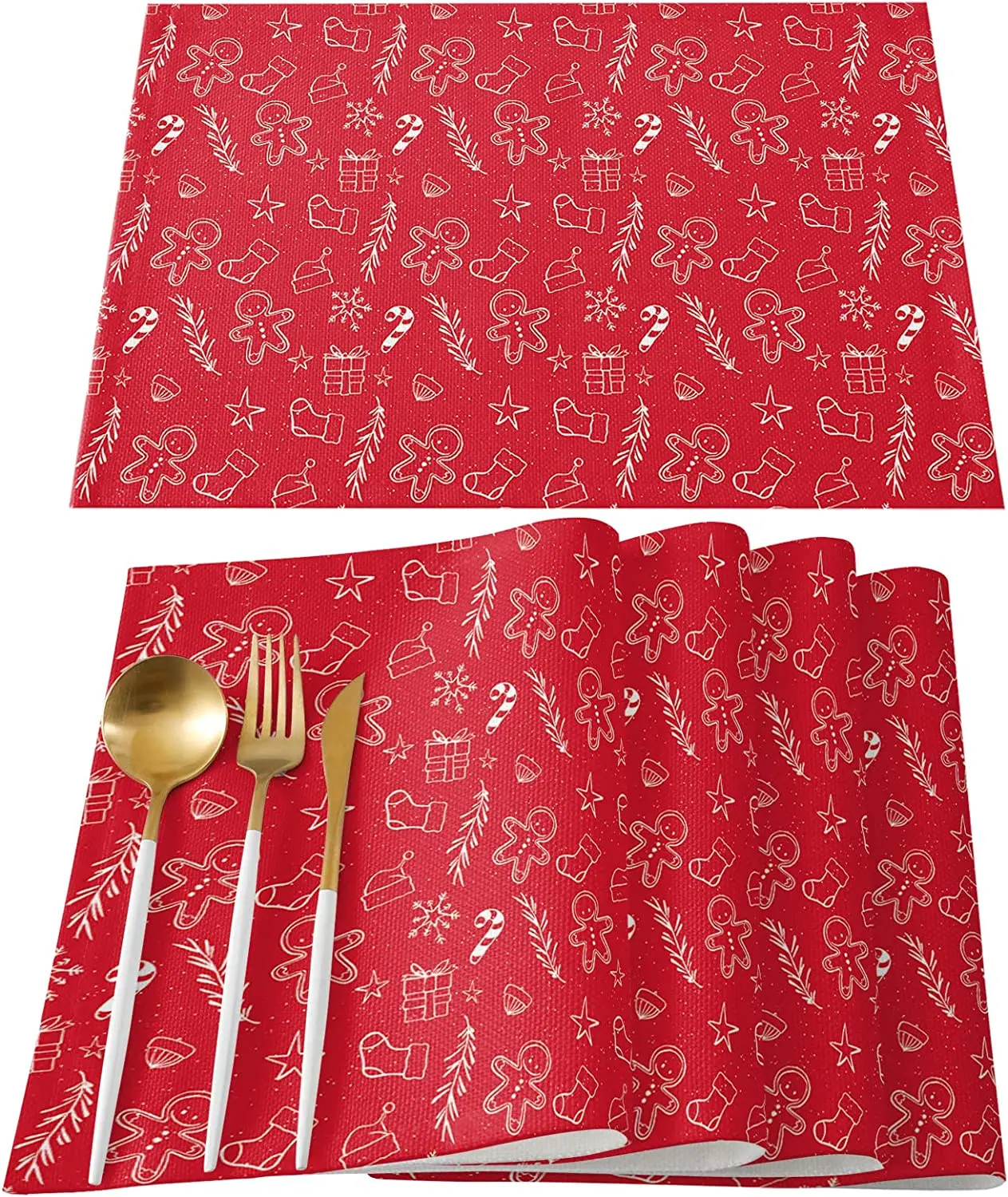 

Christmas Placemats Set of 4 Gingerbread Man Gift Box Holly Berries Red Polyester Place Mats Heat Resistant Washable Kitchen
