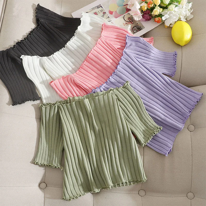 

Cute Cropped Women T-shirts Off Shoulder Knitting Crop Top 2022 Short Sleeve Stretchy Ruffle Hem T-shirt Ribbed Tops Y2k Clothes