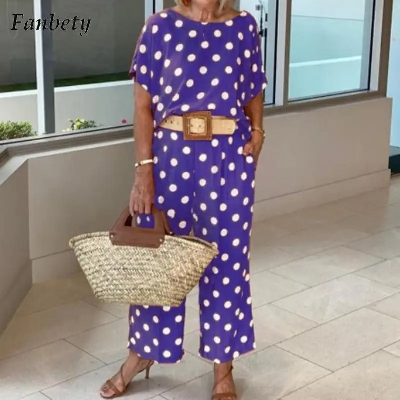 

Женский элегантный комплект из 2 предметов в горошек, осенняя Повседневная Блузка с круглым вырезом, пуловер и широкие брюки, женский модный...