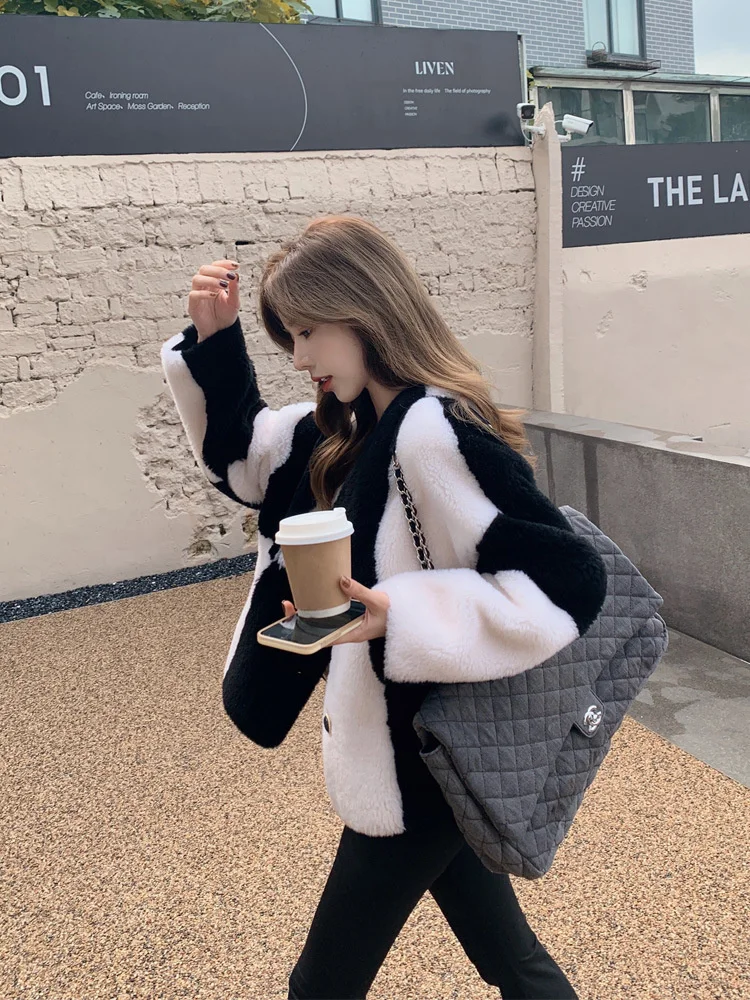Lamb Wool Coat Autumn Winter 2022 Korean Chic Women Checkerboard Wool Grain Cashmere Lamb Fur Coat Fashion Casual Lady Jackets