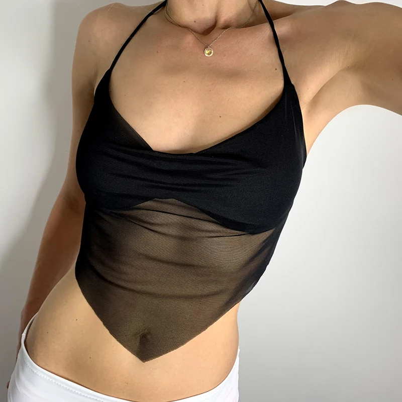 

Fashion Mesh Solid Cami Tops Sexy Lace Up Backless Hollow Out Spaghetti Strap Crop Top Women Summer Halter Top Party Beachwear