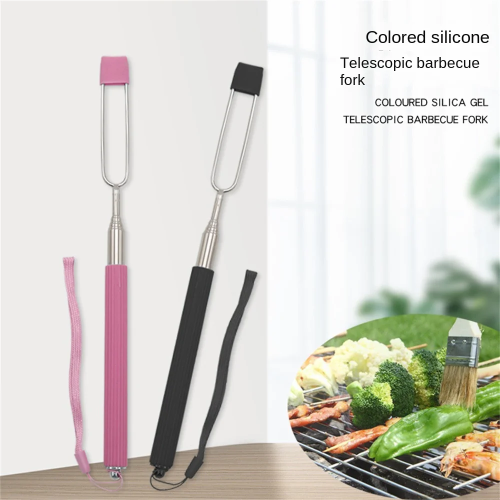 

BBQ Tools Barbecue Fork Color Silicone Handle Mushroom Fork Creative Barbecue Clip Barbecue Stick Kitchen Accessories Telescopic
