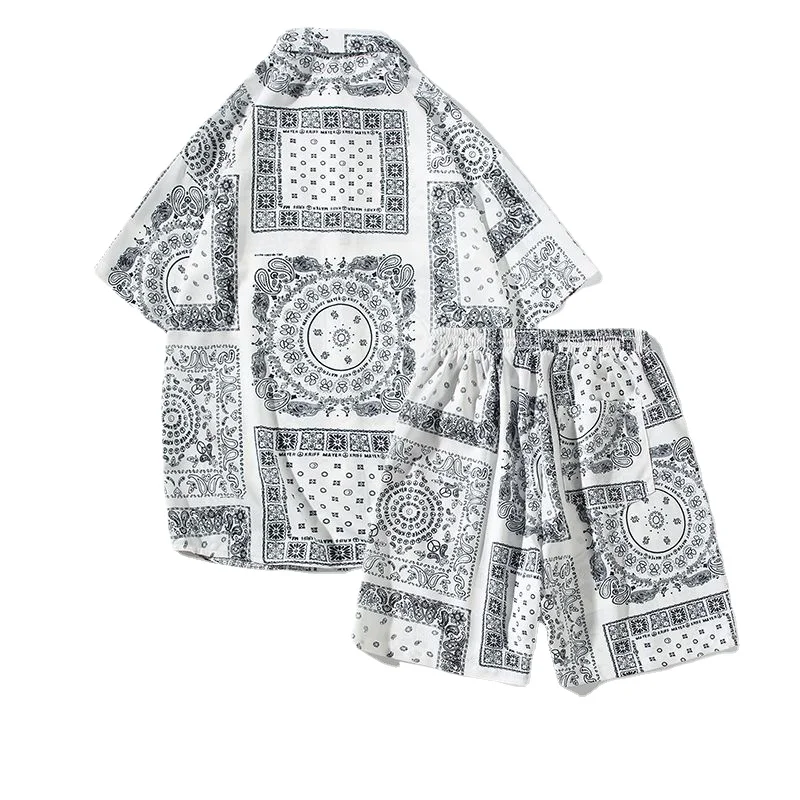 Men Beach Clothes  2Piece Set Vintage Print Button Hawaiian Shirt S 2023 Summer Fashion Casual Short Sleeve Outfit Shorts Suit