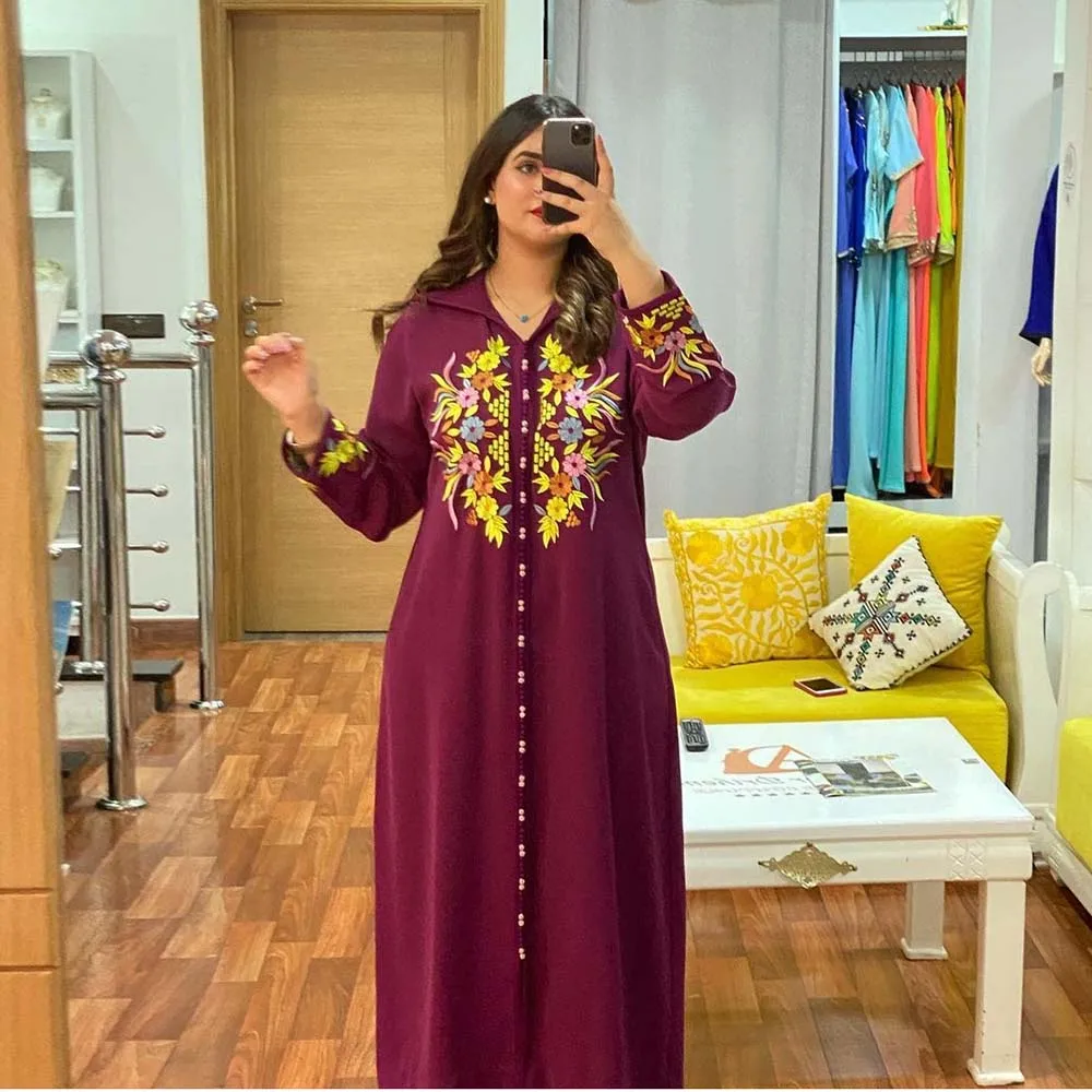 

Dubai Abaya Jellaba Dress Women Floral Embroidery Hooded Caftan Marocain Muslim Moroccan Turkey Islam Elegant Maxi Dresses 2022