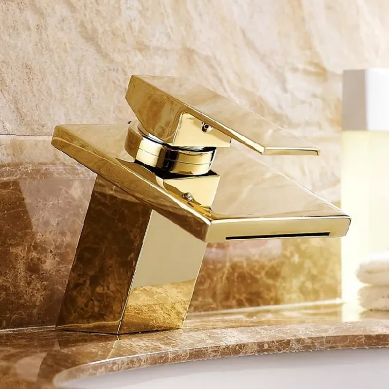 

Luxury Bathroom Waterfall Square Basin Faucet Deck Mounted Crane Solid Brass Gold plating Hot and Cold Mixer Sink Tap LT-501-1