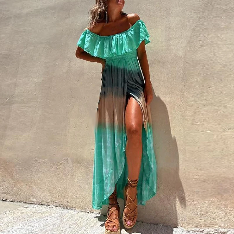

Summer Backless Sleeveless Ruffles Beach Dresses Sexy Women Seaside Ruffles Loose Dress Fashion Tie-dye High Split Long Dress