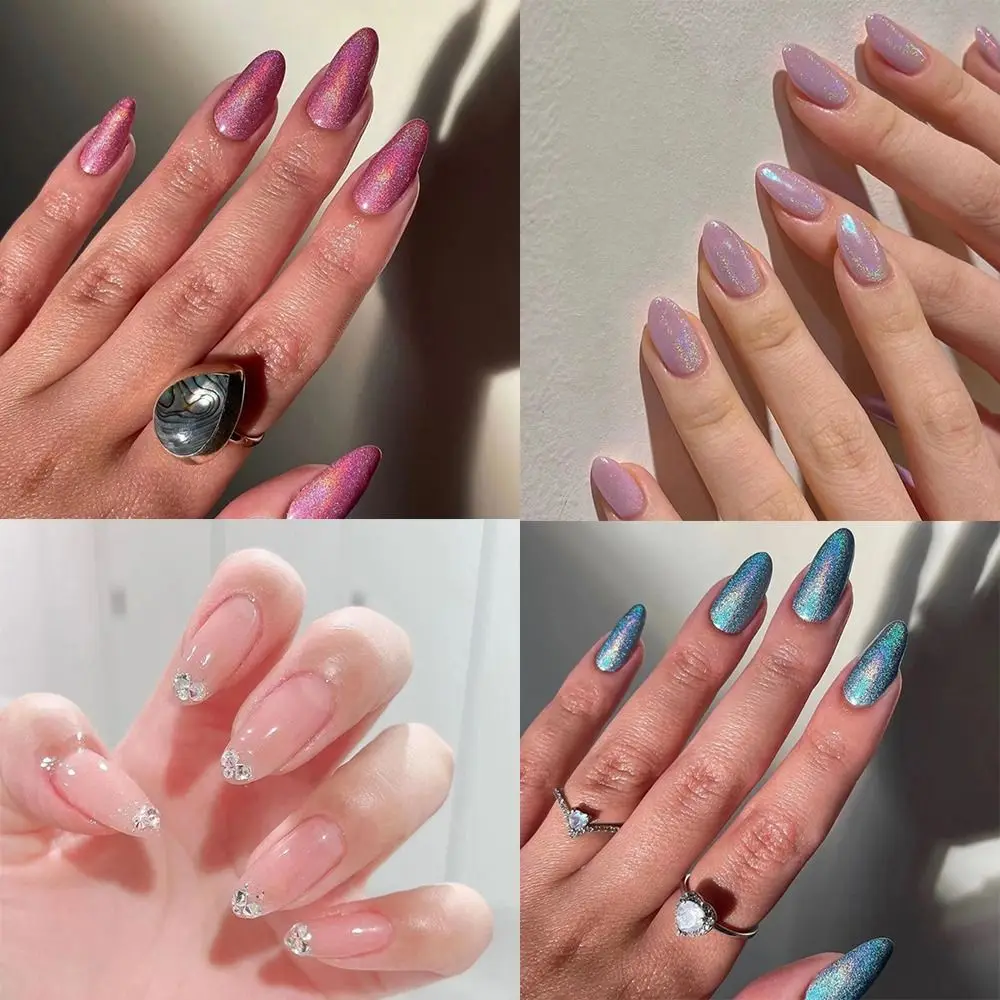 On Nails Pink Diy Cat Eye Long Almond French False Nails Glitter