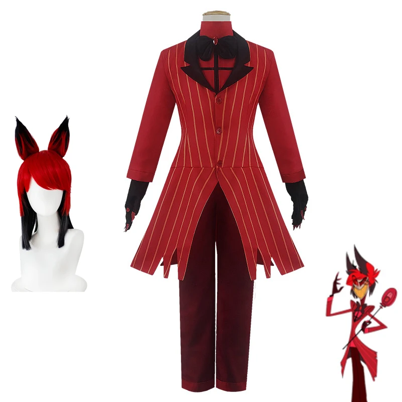 

Костюм в стиле аниме Alastor Женский, красная куртка с рисунком в полоску, Костюмные брюки с париком, ролевые игры, костюмы для вечеринки на Хэлл...