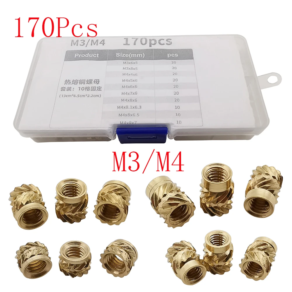 

170Pcs/Box M3 M4 Brass Hot Melt Inset Nuts Assortment Kit Thread Copper Knurled Threaded Insert Embedment Nuts Set