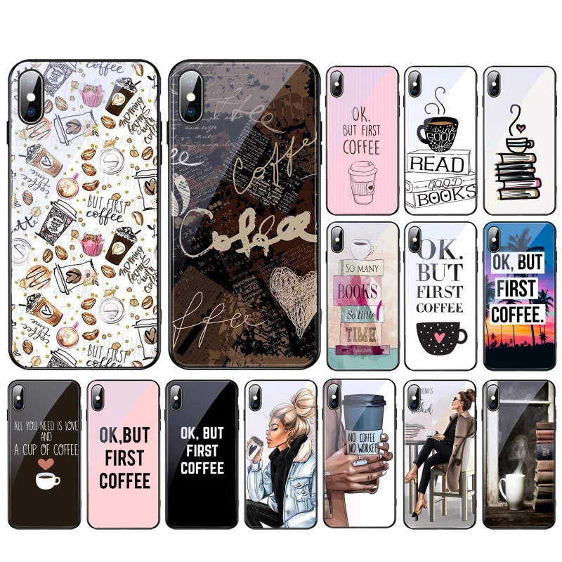 

OK but first coffee Girl Glass Funda Cell phone case For iphone 13 Pro Max 12 11 Pro Max XS XR X 8 7 Plus SE2 Mobile Phones Case