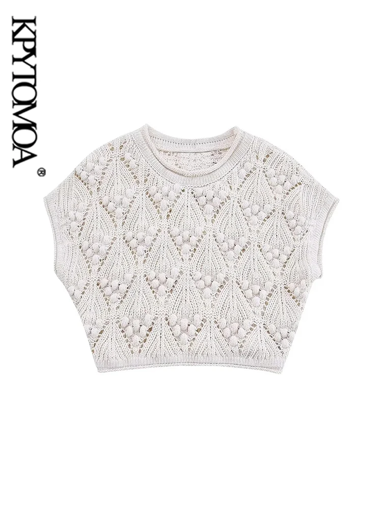 

KPYTOMOA Women Fashion Textured Loose Cropped Open-knit Sweater Vintage O Neck Short Sleeve Female Pullovers Chic Tops