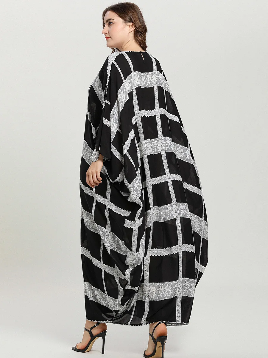 Plus Size Dresses for Women 4xl 5xl 6xl Casual Checked Lace Abaya Femme Patchwork Runway Robe Large Party Long Sleeve Clothing