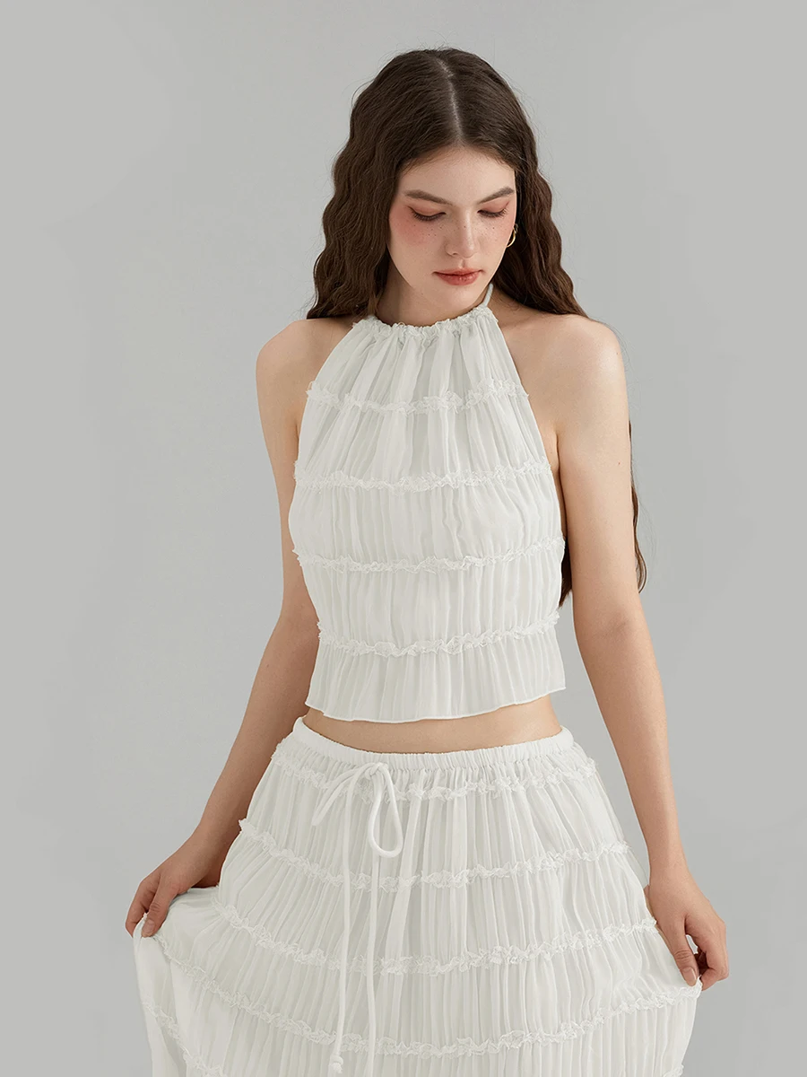 Женский летний комплект из двух предметов топы без рукавов с рюшами и лямкой на