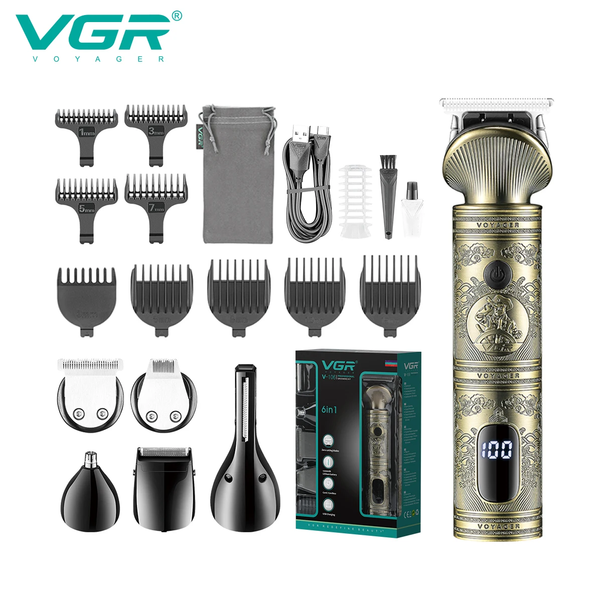 VGR Hair Trimmer 6 In 1 Grooming Kit Hair Clipper Nose Trimmer Shaver Body Trimmer Professional Rechargeable Metal Vintage V-106