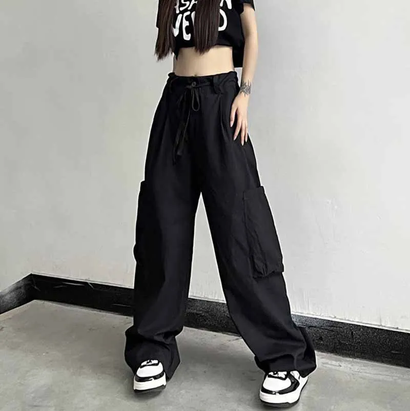 

Women Drawstring Cargo Pants Spring Summer Vintage Punk Solid Loose Jogger Trousers Streetwear Female Casual Wide Leg Tech Pants