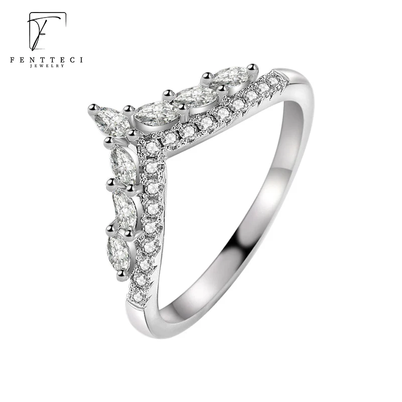 FENTTECI S925 Sterling Silver V-shaped Wishing Crown High Carbon Diamond Ring Women's Light Luxury Fine Jewelry for Women Gift