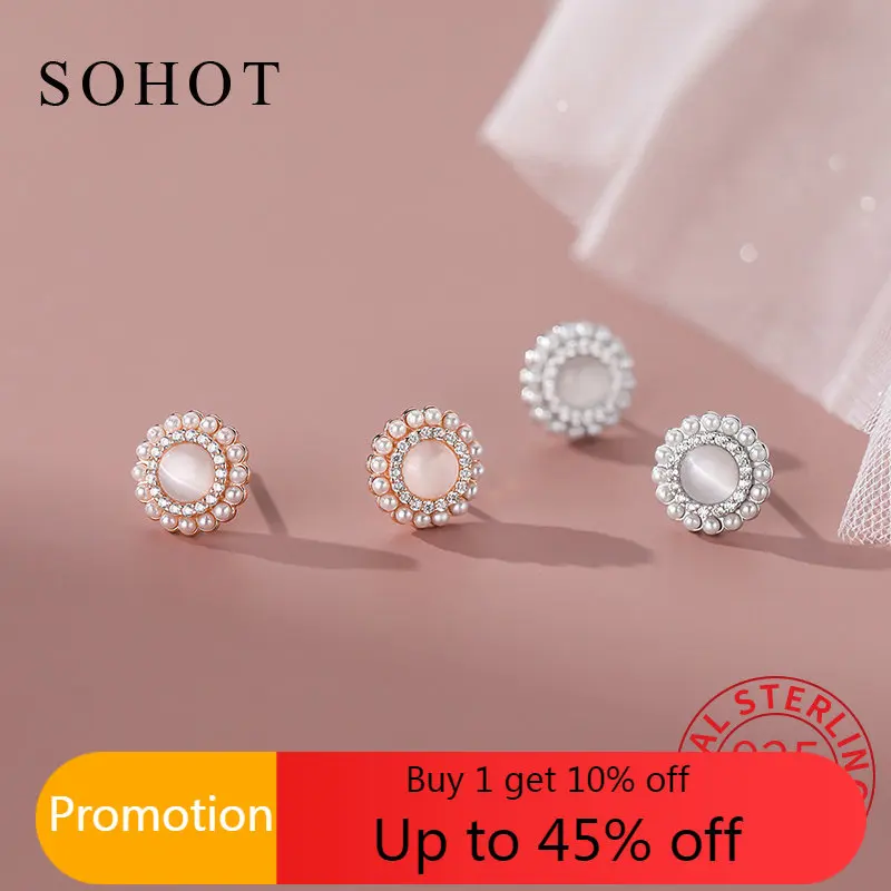 

New Real 925 Sterling Silver Zircon CZ Pearl Flower Stud Earrings for Women OL Fine Jewelry Minimalist Luxury Accessories