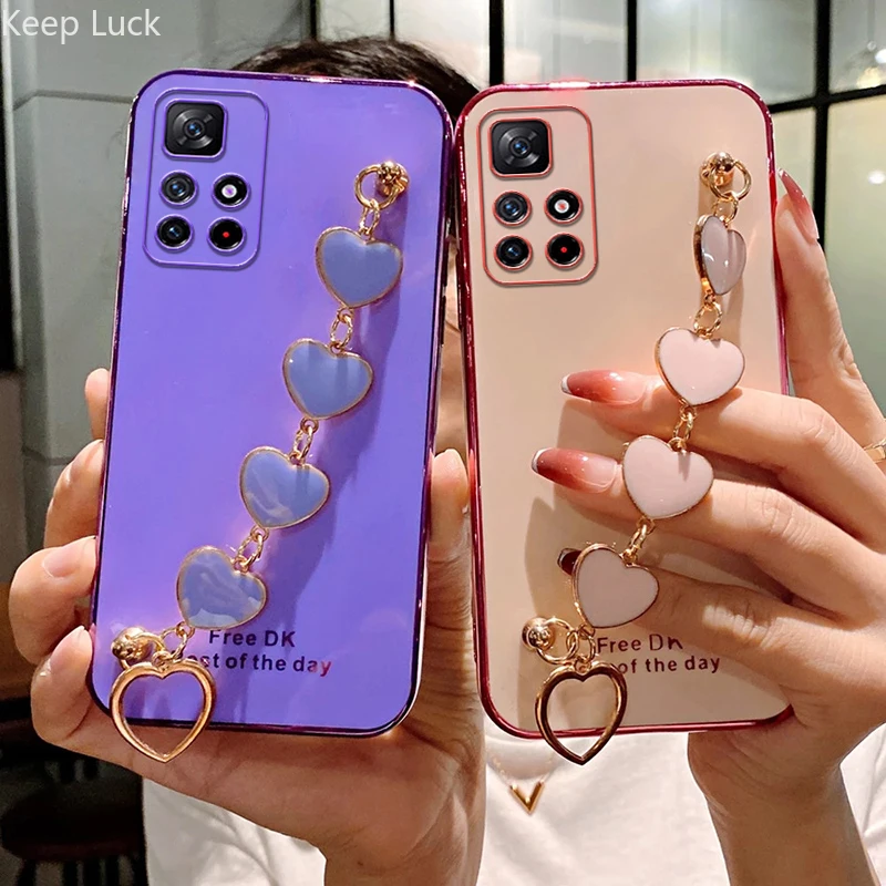 

Luxury Plating Red Love Heart Bracelet Phone Case For Xiaomi Redmi Note 11 11S 10 10S 10A 10C 9 9A 9T 9C 8 8T Wrist Chain Cover