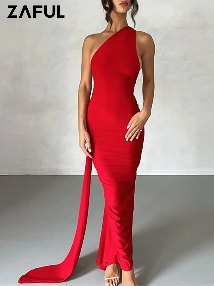 

ZAFUL Dresses Women's Sexy Elegant Backless Ruched Metal O-ring Decor One Shoulder Prom Evening Gown Train Maxi Vegas Dress Long