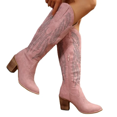 Женские ботинки в западном стиле, джинсовые ботинки на толстом каблуке, с острым носком, большие модные ботинки, Осень-зима 2023